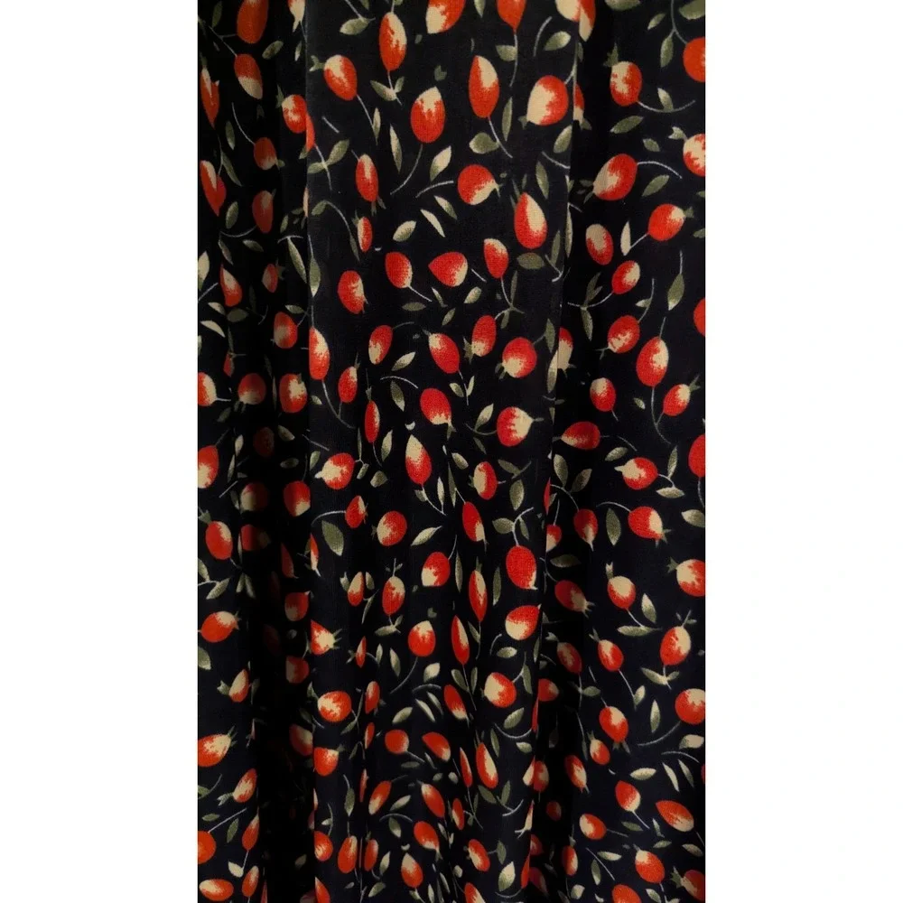 Floral Fruit Bud Print Navy‎ Maxi Skirt L/XL High Waisted Flowy Cotton Blend